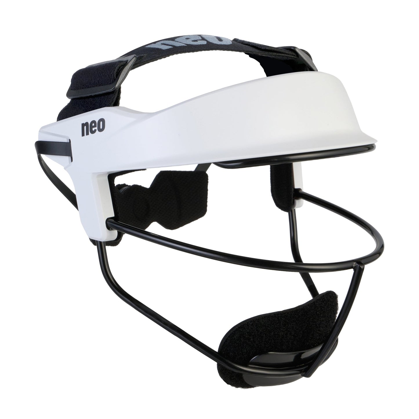 A white softball fielder's mask photographed from a three-quarter front angle on a white background, with a glossy white visor and headband, a gray 'neo' logo on the side, and a black wire cage and chin pad.