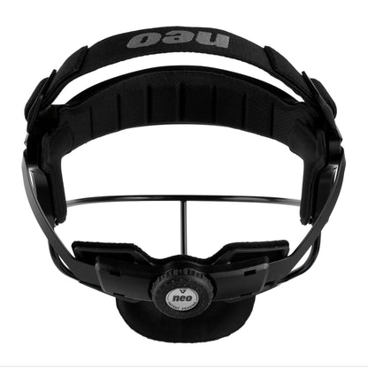 A side profile of the black fielder's mask on a white background, showing how the reinforced cage wraps back around the temple area and the small sun visor built into the brow.