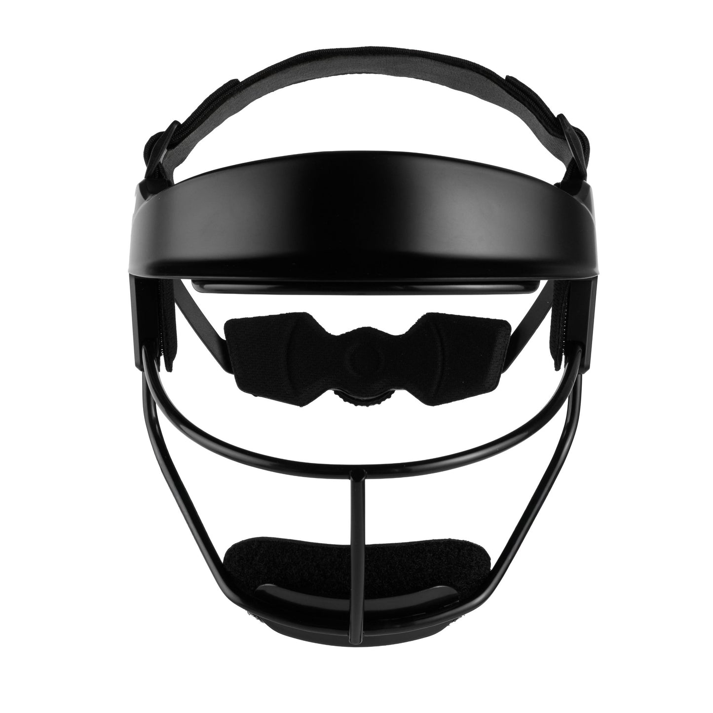 A straight-on front view of the black fielder's mask against a white background, showing the symmetrical wire cage, the padded forehead lining behind the visor, and the chin pad below.