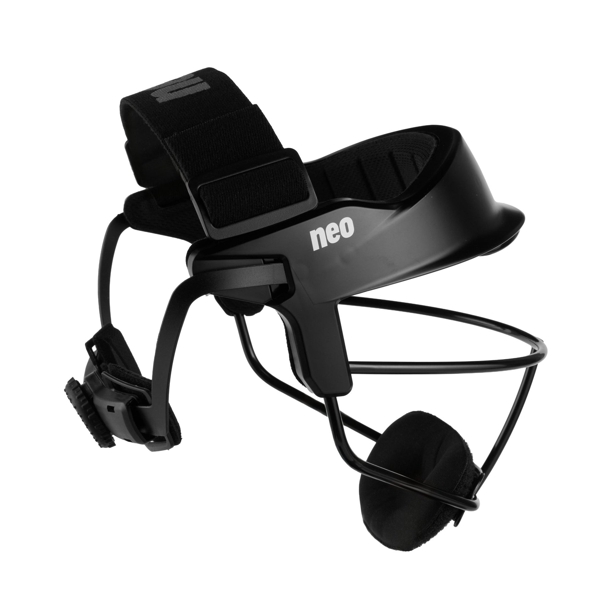 A rear three-quarter view of the black fielder's mask on a white background, showing the adjustment dial and padded rear cradle of the headband along with the strap that crosses over the top of the head.