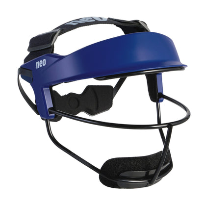 A navy blue softball fielder's mask photographed from a three-quarter front angle on a white background, with a glossy dark blue visor and headband, a white 'neo' logo on the side, and a contrasting black wire cage and chin pad.