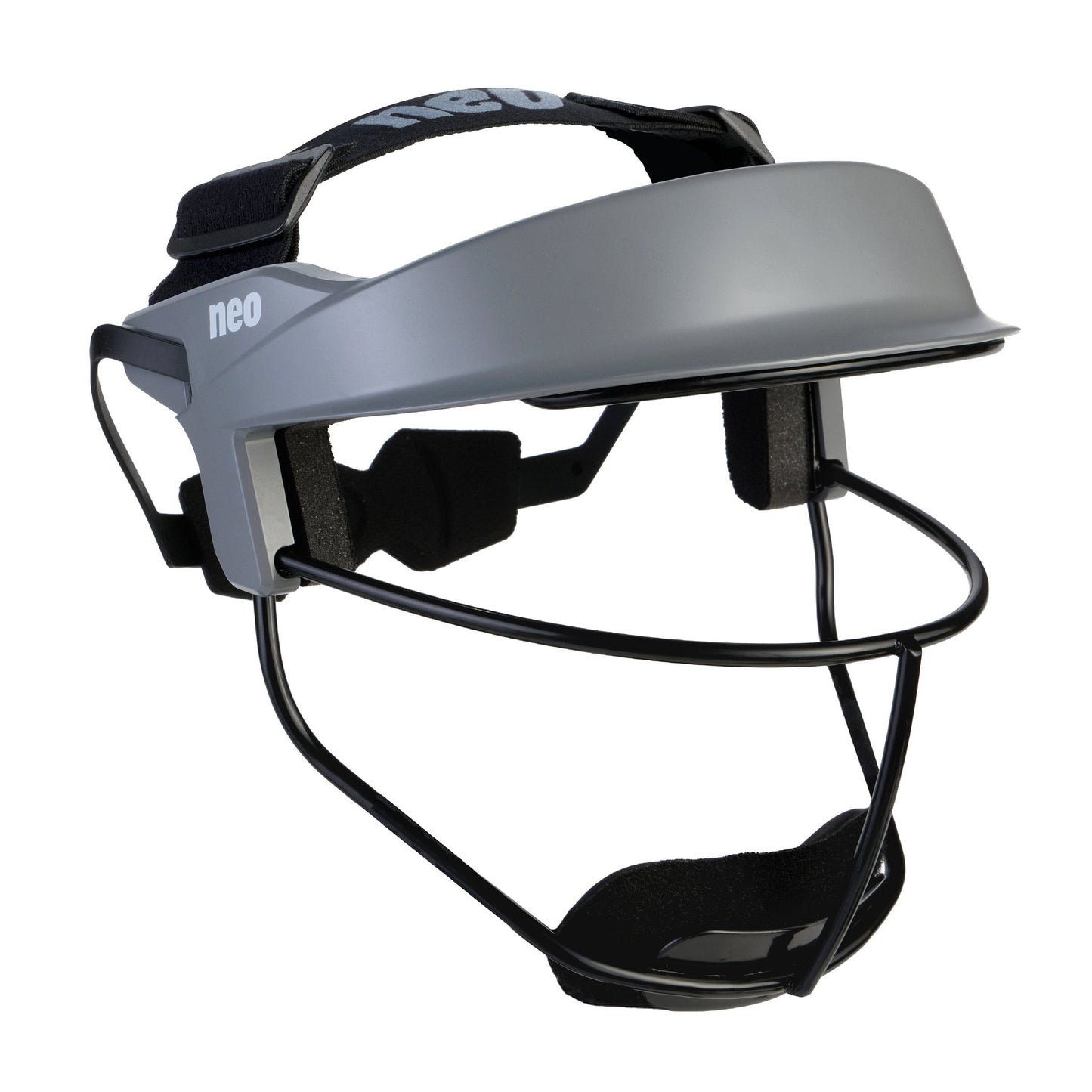 A gray softball fielder's mask photographed from a three-quarter front angle on a white background, with a silver-gray visor and headband shading darker toward the edges, a white 'neo' logo on the side, and a black wire cage and chin pad.