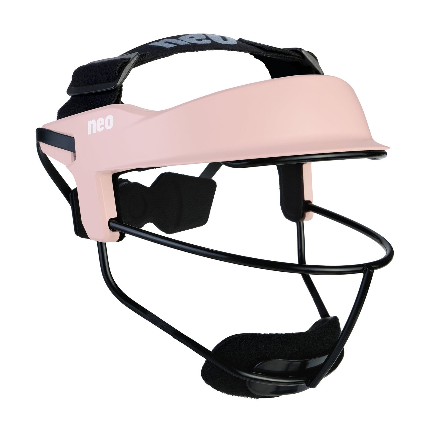 A pale blush pink softball fielder's mask photographed from a three-quarter front angle on a white background, with a soft rose-toned visor and headband, a white 'neo' logo on the side, and a black wire cage and chin pad.