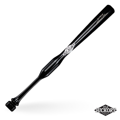 Black finish Old Hickory HTA adult hands trainer bat with a wide flattened grip section above a stepped knob