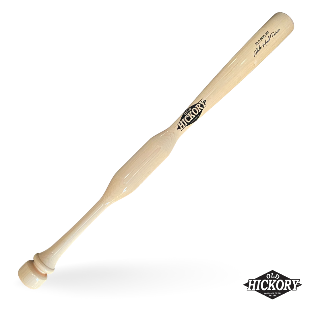 Natural finish Old Hickory HTA adult hands trainer bat with a wide flattened grip section above a stepped knob
