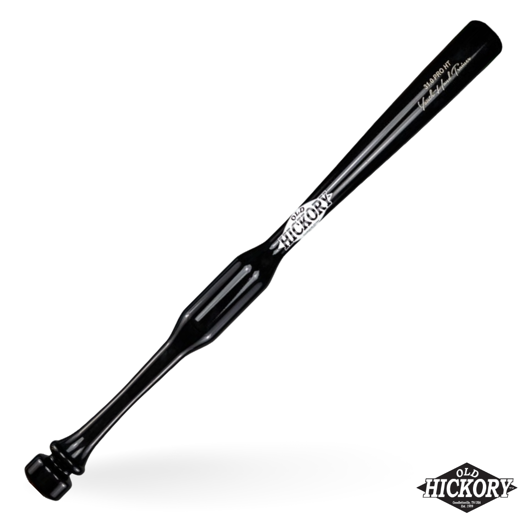 Black finish Old Hickory HTY youth hands trainer bat with a wide flattened grip section above a stepped knob