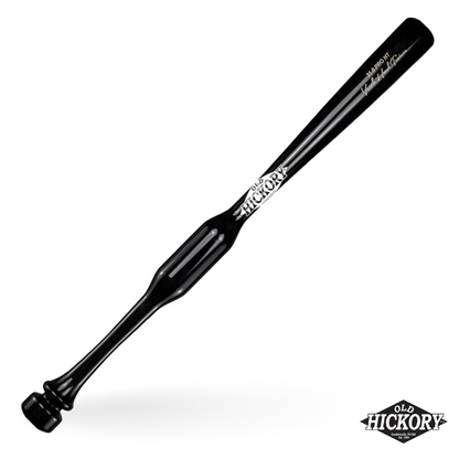 Black finish Old Hickory HTY youth hands trainer bat with a wide flattened grip section above a stepped knob