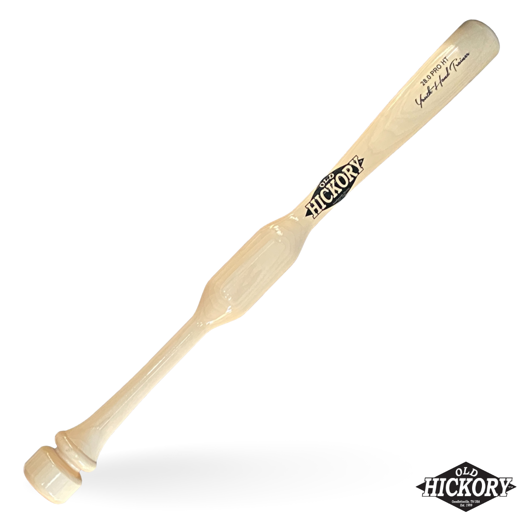 Natural finish Old Hickory HTY youth hands trainer bat with a wide flattened grip section above a stepped knob