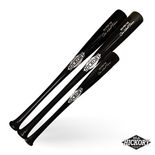 Three black Old Hickory one hand trainer bats of different lengths stacked side by side