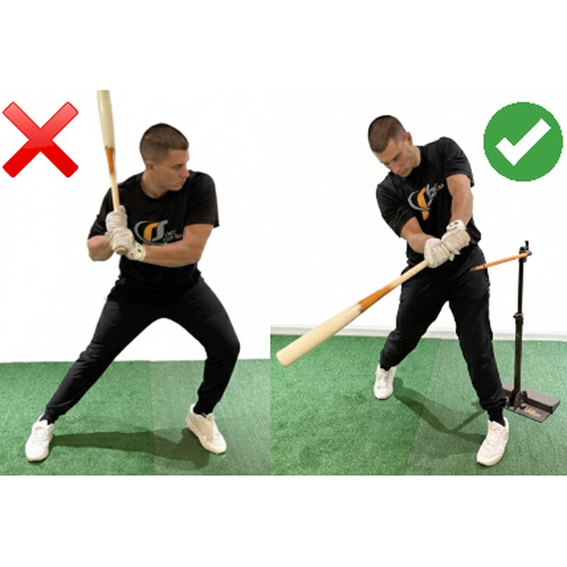 Photos comparing a faulty swing position with a corrected one using the Hit Stick.