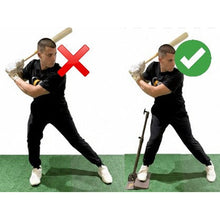 Photos comparing an incorrect stride with a corrected one using the Hit Stick.