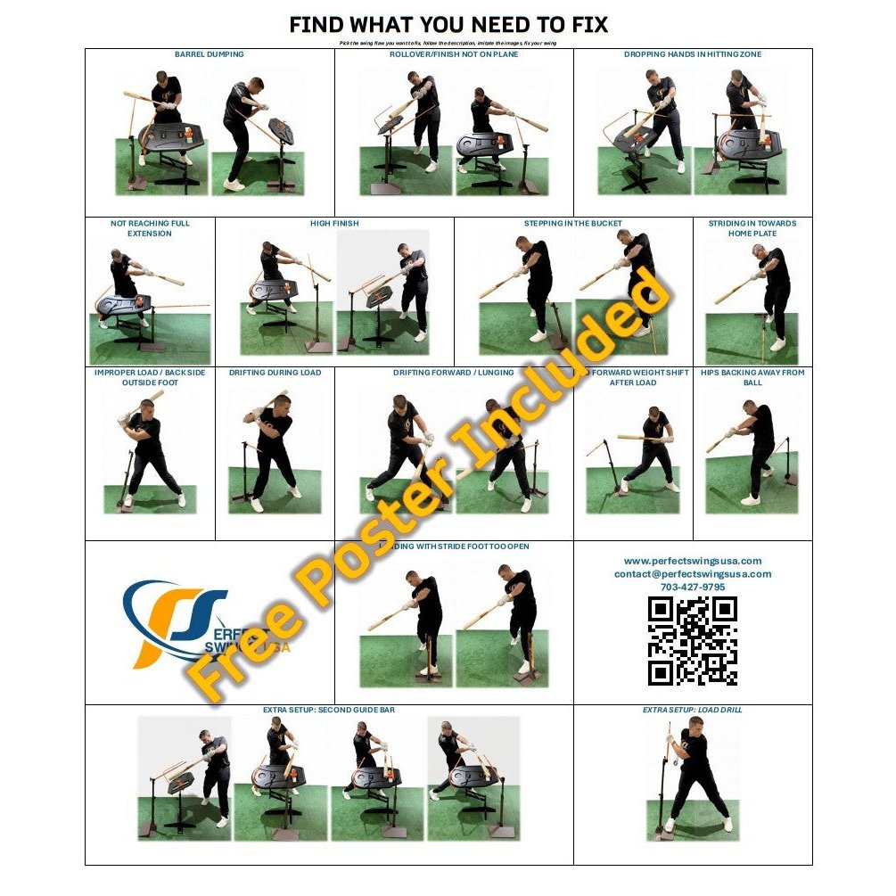 The included instruction poster showing Hit Stick setups for common swing faults.