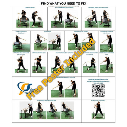 The included instruction poster showing Hit Stick setups for common swing faults.