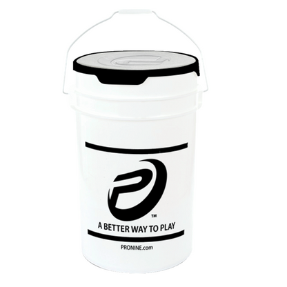 A white six gallon ProNine bucket with a padded lid and metal carry handle on a white background.