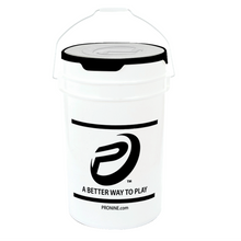 A white six gallon ProNine bucket with a padded lid and metal carry handle on a white background.
