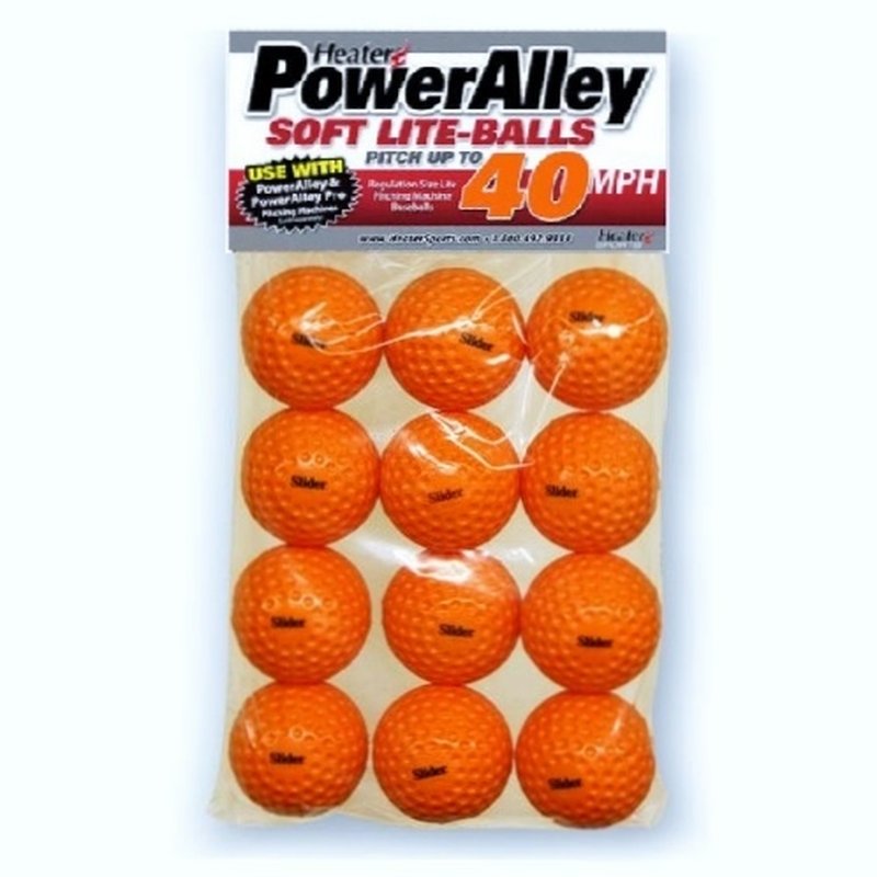 A sealed retail pack of twelve orange dimpled lite baseballs under a PowerAlley header card reading Soft Lite-Balls, 40 mph.