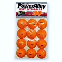 A sealed retail pack of twelve orange dimpled lite baseballs under a PowerAlley header card reading Soft Lite-Balls, 40 mph.