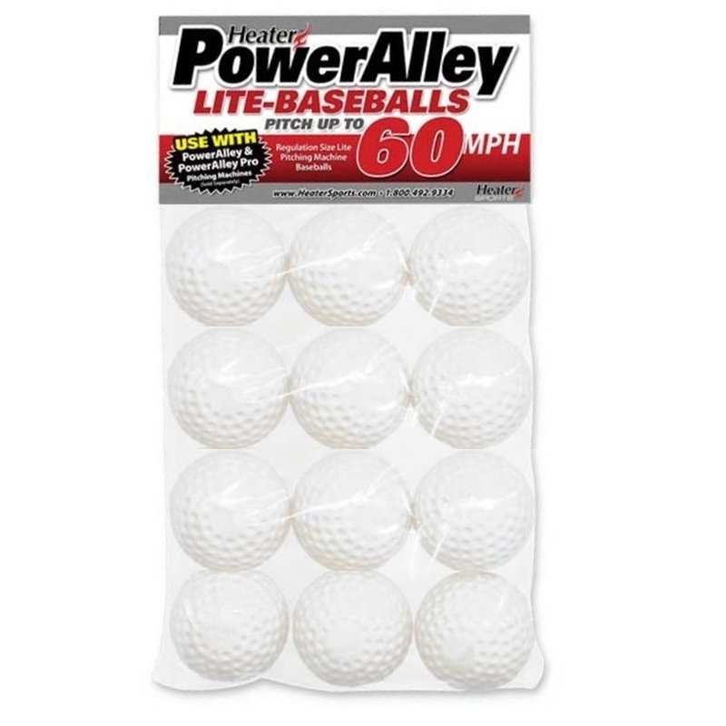 A sealed retail pack of twelve white dimpled lite baseballs under a PowerAlley header card reading Lite-Baseballs, 60 mph.