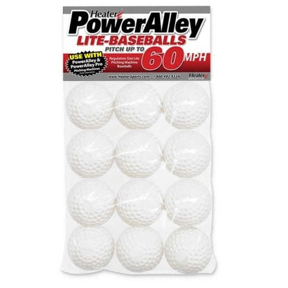A sealed retail pack of twelve white dimpled lite baseballs under a PowerAlley header card reading Lite-Baseballs, 60 mph.