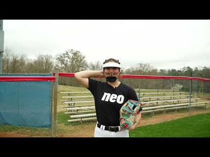 A short product video of the NEO softball fielder's mask rotating against a plain background, showing the brow visor, the wire cage and the adjustment dial at the back of the headband.