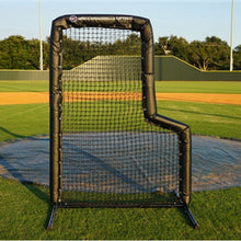 Black padded Pro 5x7 baseball L-screen standing on a pitching mound tarp