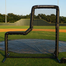 Black padded Pro 7.5x7.5 baseball L-screen with wheels on a pitching mound