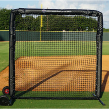 Black padded Pro 7x7 protective field screen with wheels on an infield