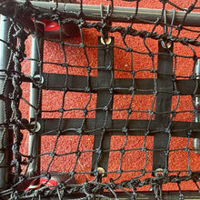 the netting inside the low ball cart with a red floor