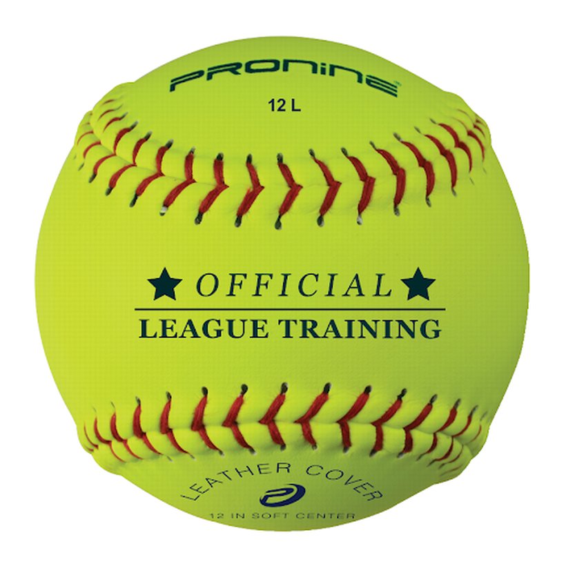 An optic yellow ProNine 12L soft leather training softball with the Official League Training stamp