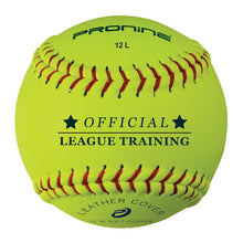 An optic yellow ProNine 12L soft leather training softball with the Official League Training stamp