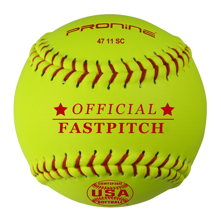 An optic yellow ProNine 47 11 SC fastpitch softball with the USA Softball stamp