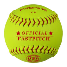 An optic yellow ProNine 47 11 fastpitch softball with the USA Softball stamp