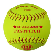 An optic yellow ProNine 47 12 CK fastpitch softball with the USA Softball & NFHS stamp