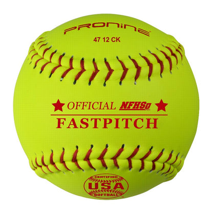 An optic yellow ProNine 47 12 CK fastpitch softball with the USA Softball & NFHS stamp
