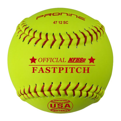 An optic yellow ProNine 47 12 SC fastpitch softball with the USA Softball & NFHS stamp