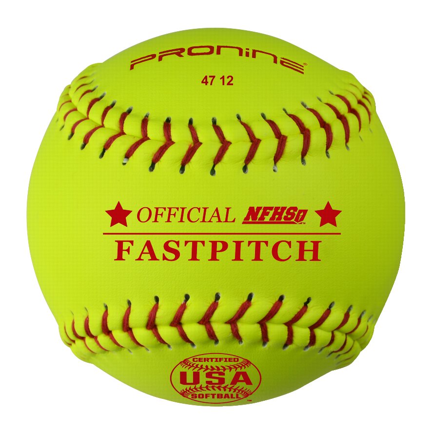 An optic yellow ProNine 47 12 fastpitch softball with the USA Softball & NFHS stamp