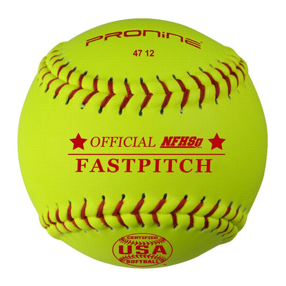An optic yellow ProNine 47 12 fastpitch softball with the USA Softball & NFHS stamp