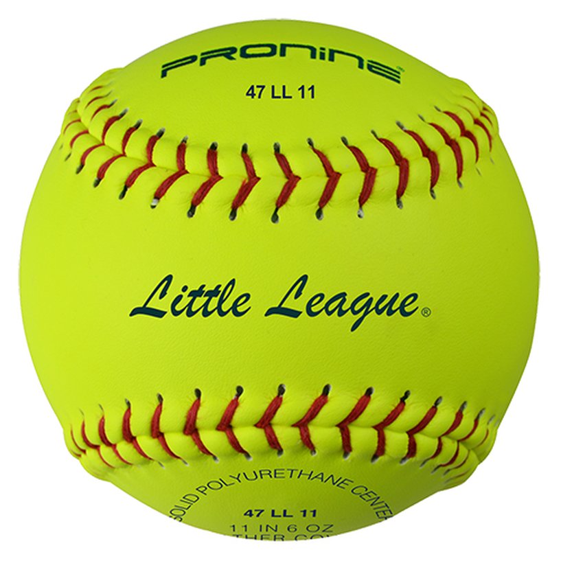 An optic yellow ProNine 47 LL 11 fastpitch softball with the Little League stamp