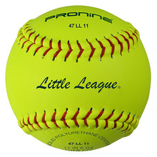 An optic yellow ProNine 47 LL 11 fastpitch softball with the Little League stamp