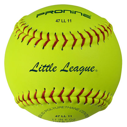 An optic yellow ProNine 47 LL 11 fastpitch softball with the Little League stamp