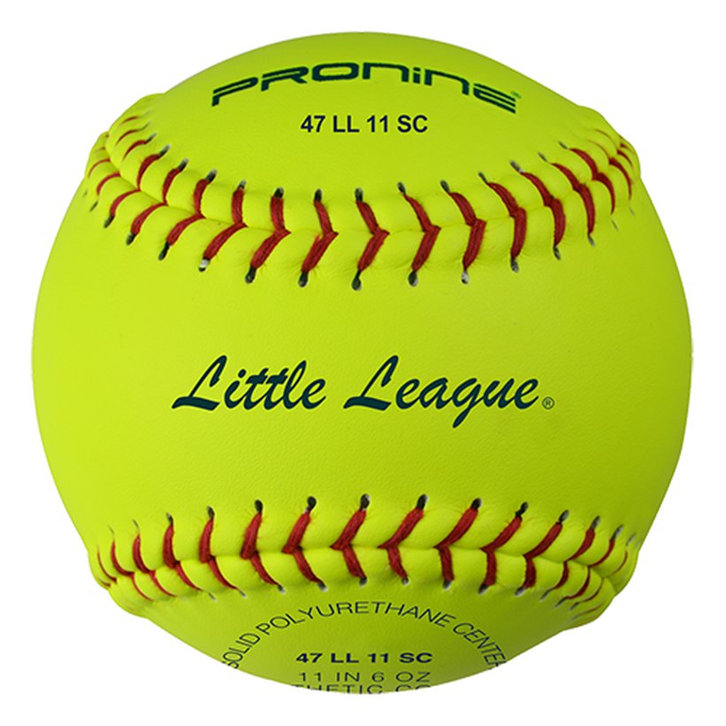 An optic yellow ProNine 47 LL 11 SC fastpitch softball with the Little League stamp