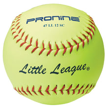 An optic yellow ProNine 47 LL 12 SC fastpitch softball with the Little League stamp