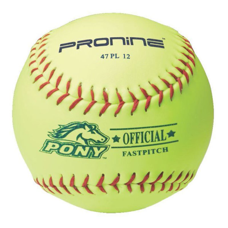 An optic yellow ProNine 47 PL 12 fastpitch softball with the PONY League stamp