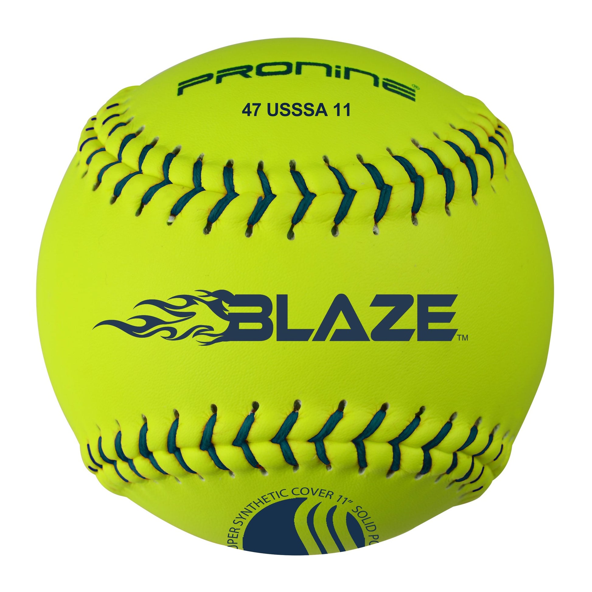 An optic yellow ProNine 47 USSSA 11 fastpitch softball with the USSSA stamp