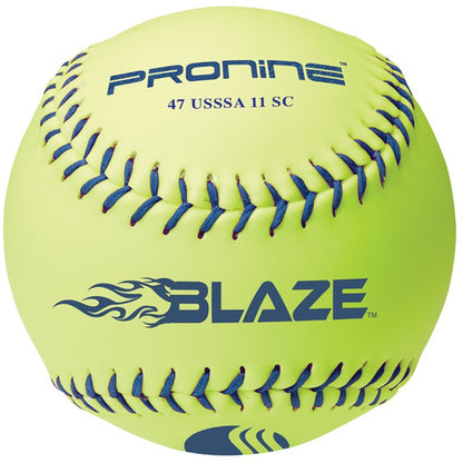 An optic yellow ProNine 47 USSSA 11 SC fastpitch softball with the USSSA stamp