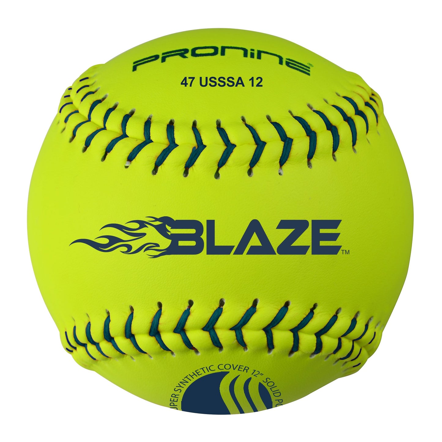 An optic yellow ProNine 47 USSSA 12 fastpitch softball with the USSSA stamp