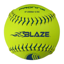 An optic yellow ProNine 47 USSSA 12 SC fastpitch softball with the USSSA stamp