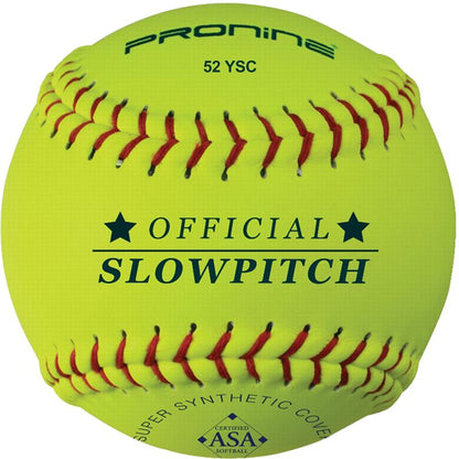 An optic yellow ProNine 52 YSC slowpitch softball with the USA Softball stamp