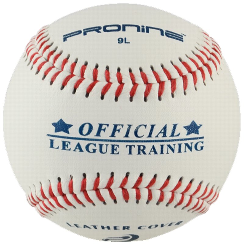 A white ProNine 9L soft leather training baseball with the Official League Training stamp