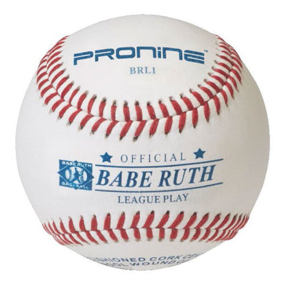 A white ProNine baseball with red stitching and the Babe Ruth League stamp on the cover